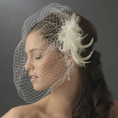 Women's Birdcage Bridal Veil & Feather Fascinator Hair Comb Ivory or White