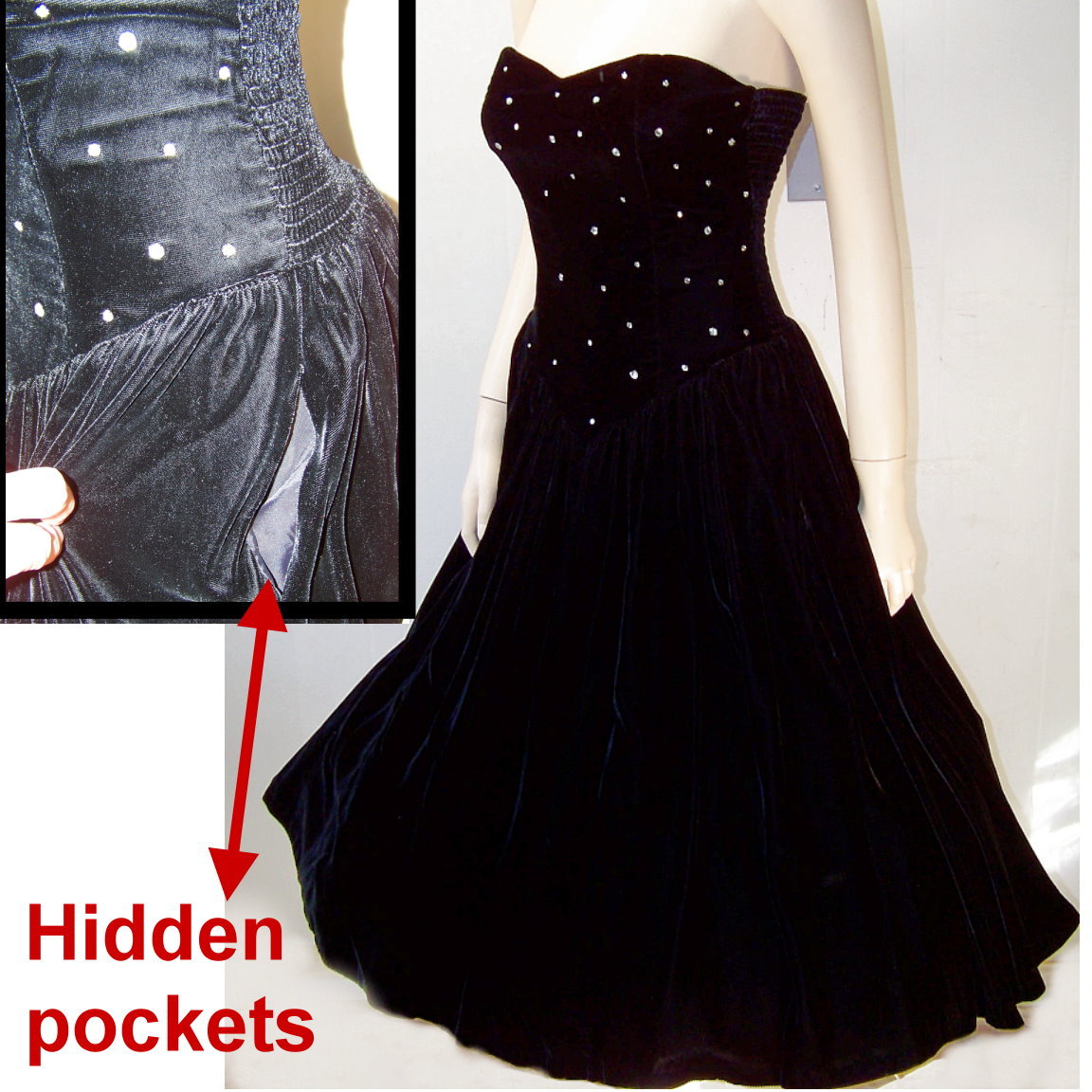 Black velvet with prong set rhinestones strapless party dress small