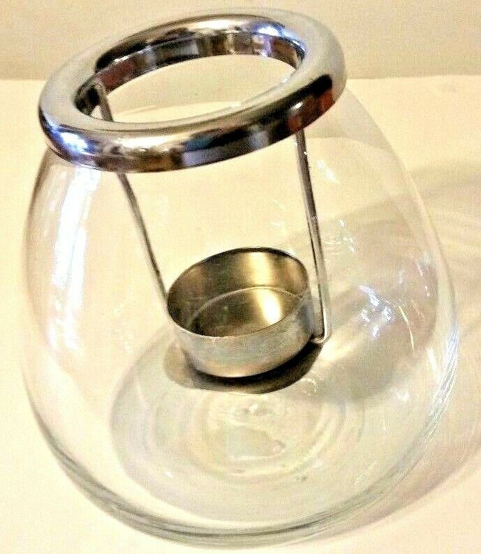 Beautiful Vintage Silver Fluted Clear Oval Glass Globe Candle Holder