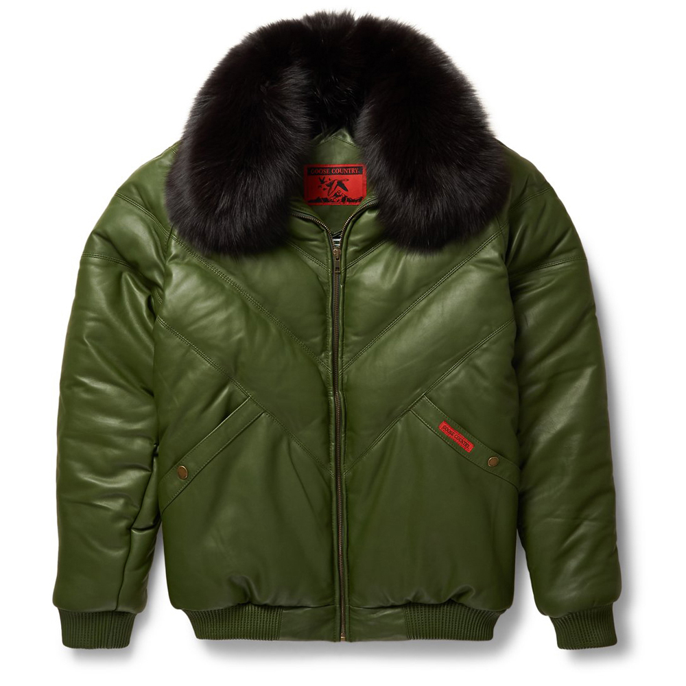 Goose Country Leather VBomber Jacket Olive With Black Fox Fur SIZE L