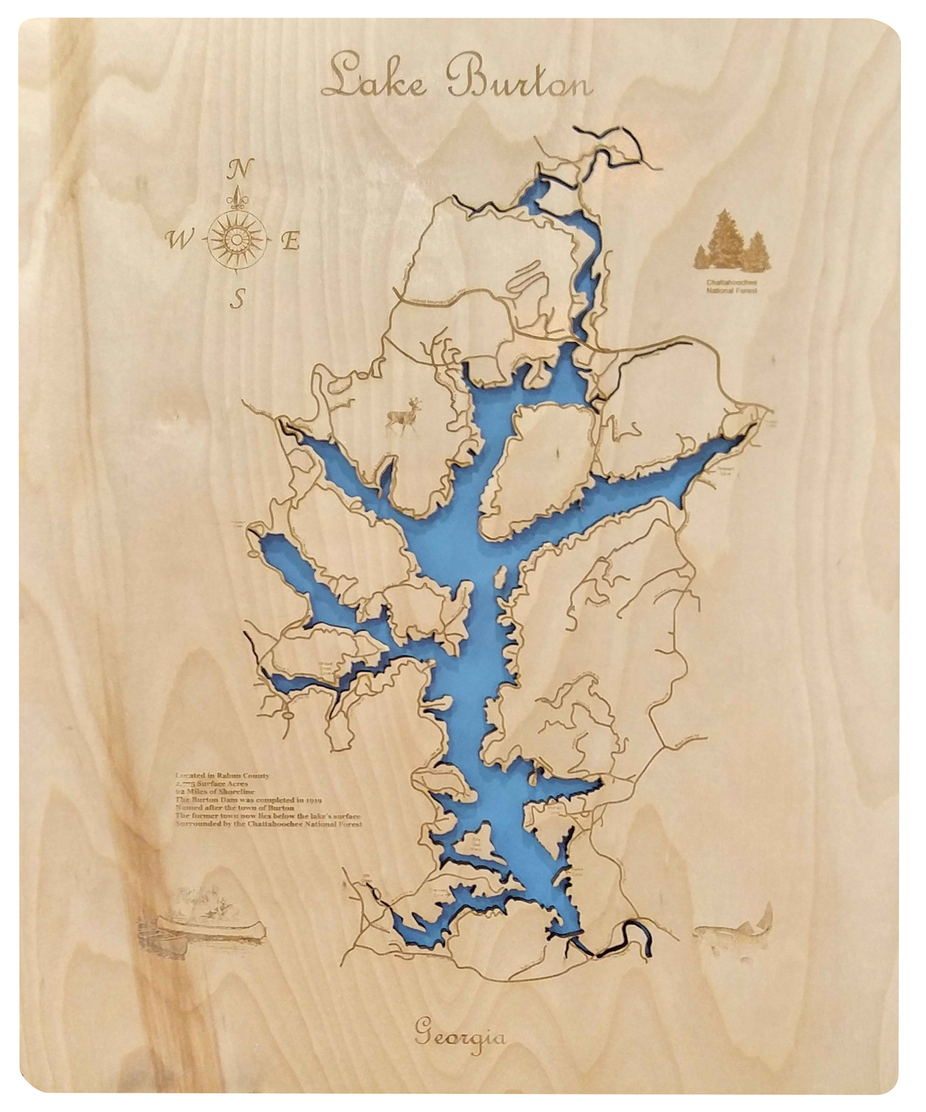 Wood Laser Cut Map Of Lake Burton Georgia Topographical Engraved Map   Lake Burton GA Small Standout Image 