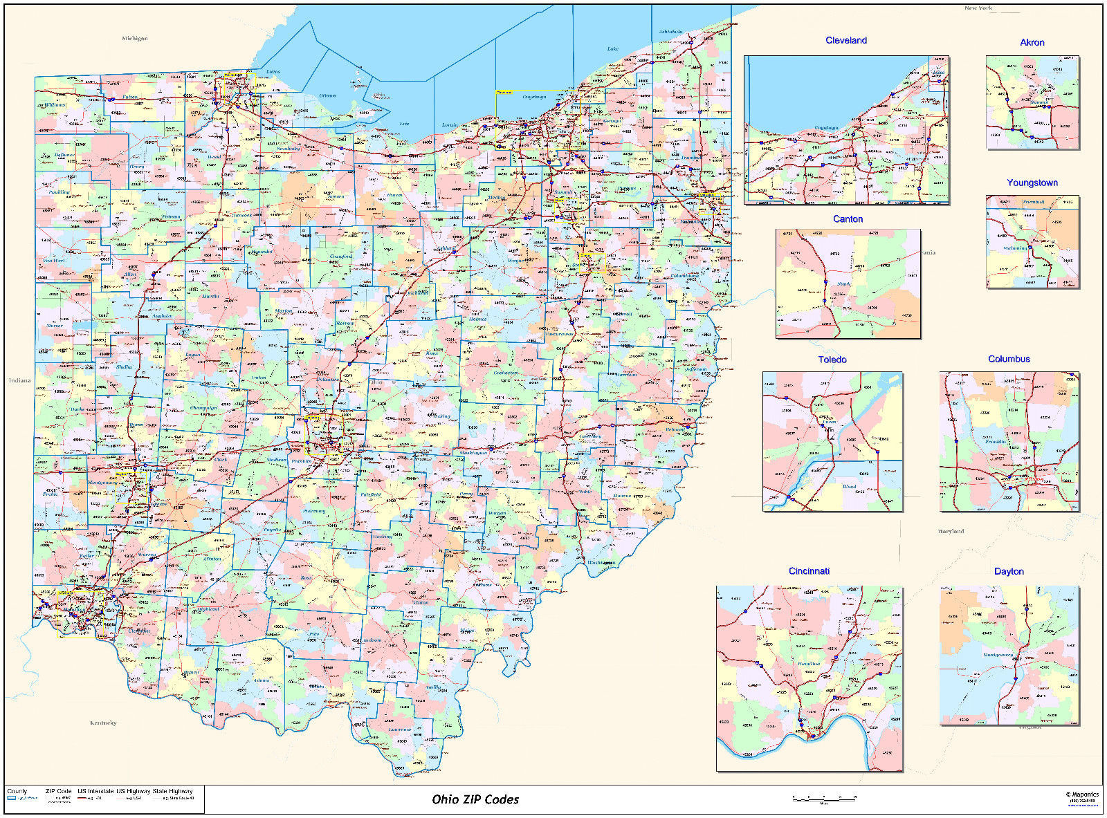 Ohio State Zipcode Laminated Wall Map - US