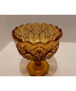 Vintage AMBER COMPOTE Pedestal Compote Hobstar &amp; Button 6.5&quot; Tall - $14.24