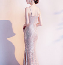 Sleeveless Sexy Sequin Dress V Neck High Slit Sequin Maxi Dress Gown Pink Gold image 5