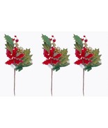 Red Poinsettia Spray Pick Set Christmas Holly Berry Snow Pinecone Gold Set - $33.65