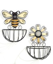 Bee Daisy Planters Wall Basket Set of 2 Yellow & Black Metal Wire Garden Decor