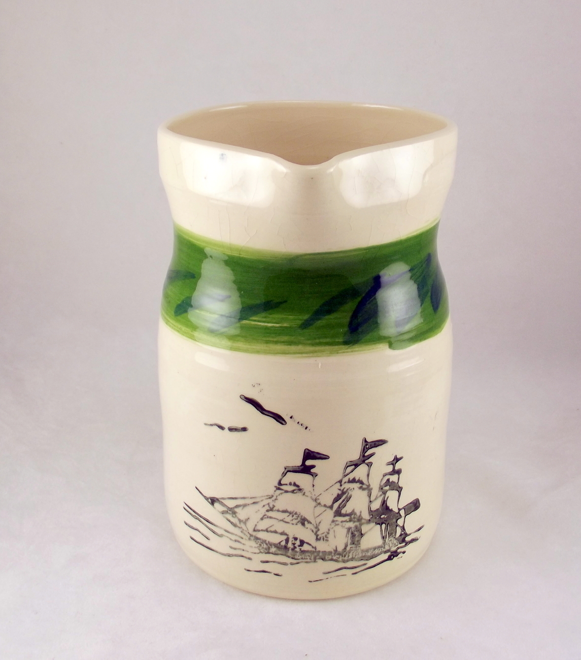 Studio Pottery hand painted nautical ship schooner pitcher vase wheel thrown Studio