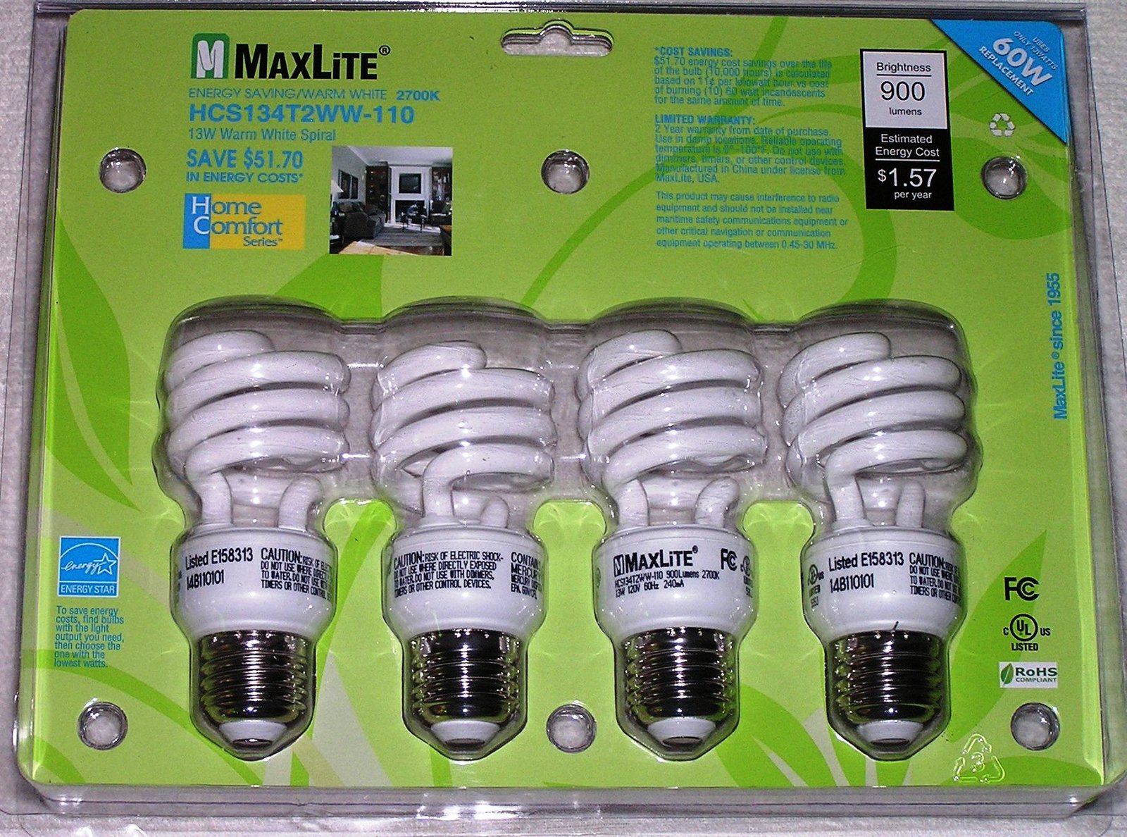 MaxLite Home Comfort CFL 13 Watt 60W Spiral Warm White 2700K Light Bulb