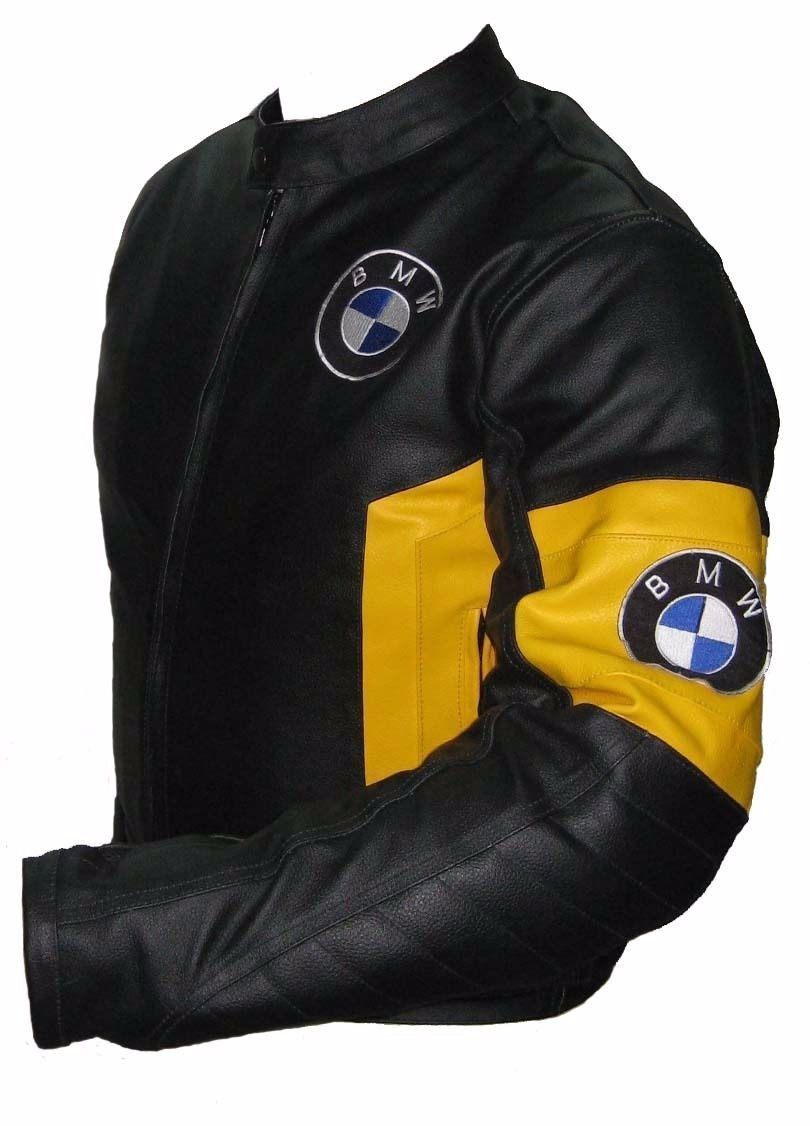 Mens Two Tone BMW Black Yellow Racing Motorcycle Genuine Leather