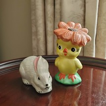 Chick Rabbit Figurines, set of 2, Vintage Kitsch Animal, Anthropomorphic Chicken image 1