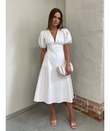 White V neck short puff sleeve A-line midi length women summer dress - $54.00