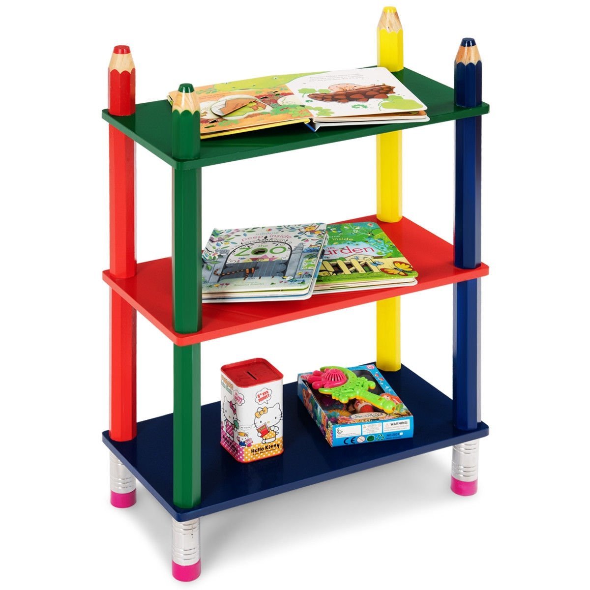 3 Tiers Kids Bookshelf Crayon Themed Shelves Storage Bookcase Shelving