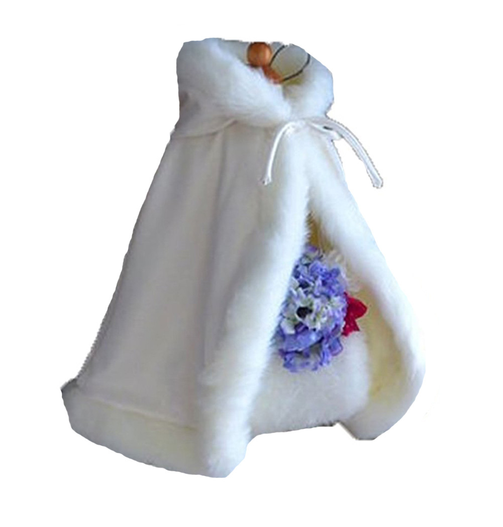Baby Flower Girl Hooded Cape Wedding Cloak for Kids Junior Bridesmaid Fur White