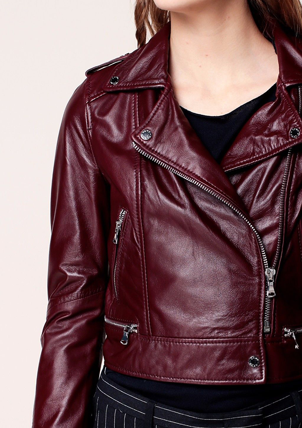 NEW Women Burgundy Soft Real Leather Jacket Biker