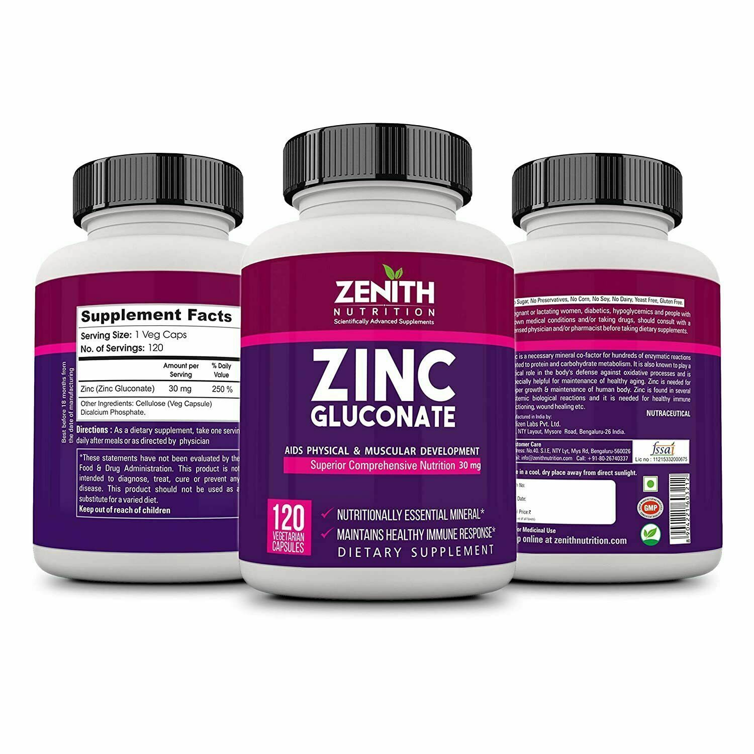 Zenith Nutrition Zinc Gluconate Elemental Zinc Composition 30mg 120 veg