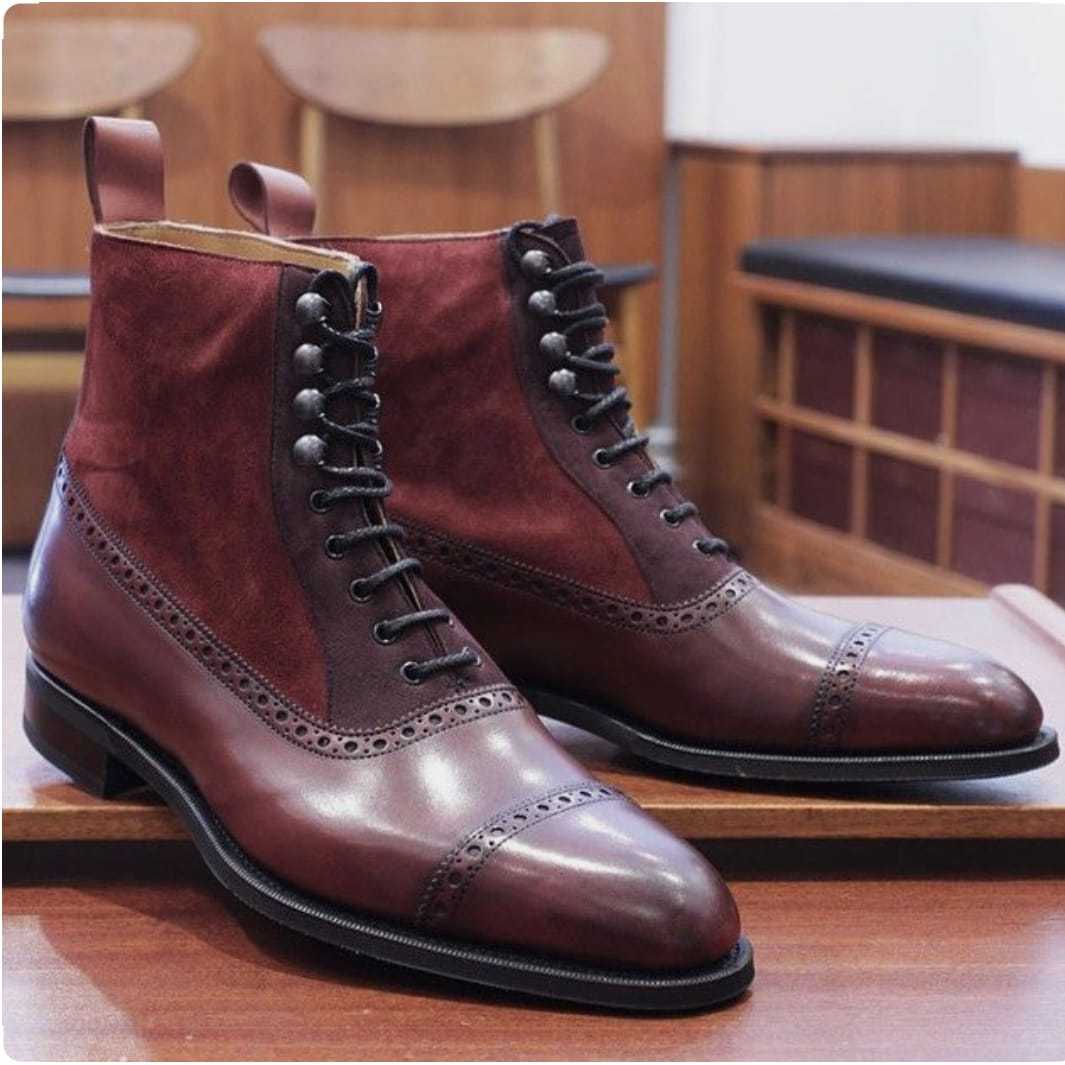 Maroon Color Genuine Suede Leather Ankle High Derby Cap Toe Handcrafted Boots
