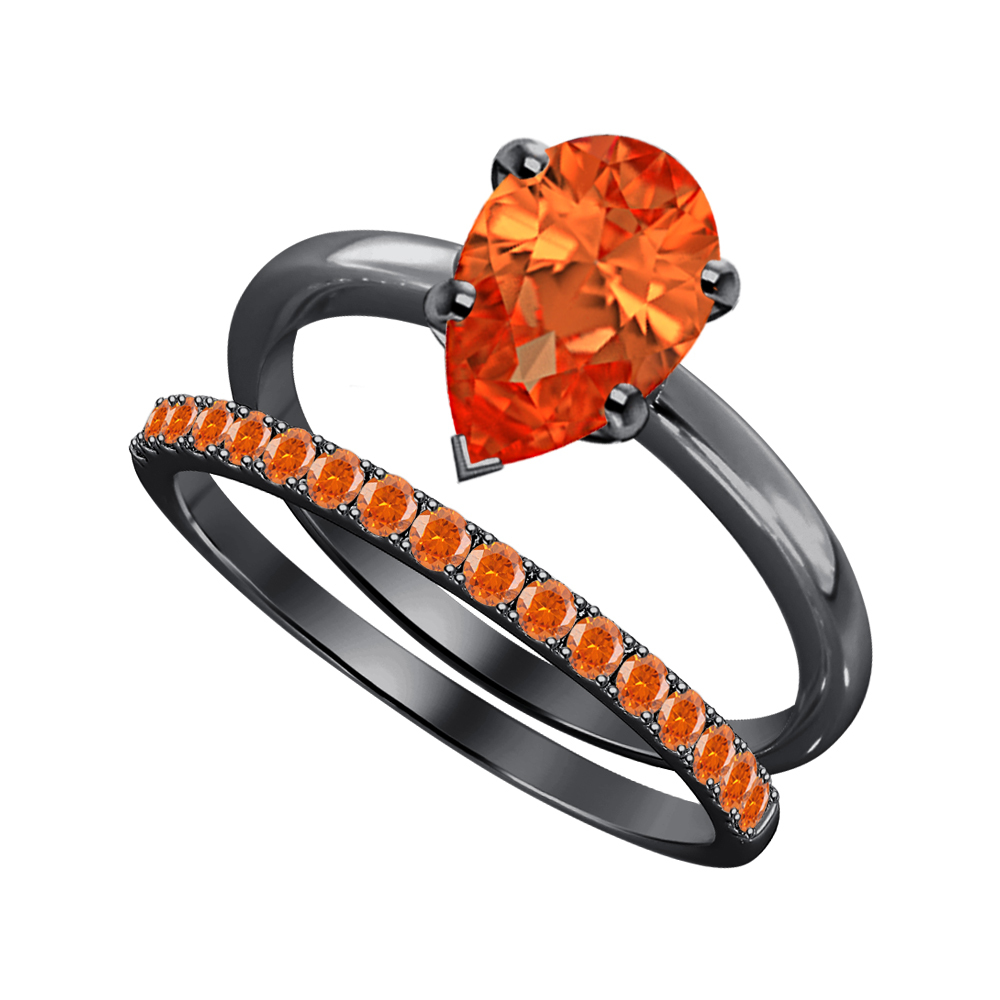 Pear Cut Orange Sapphire 14k Black Gold Over 925 Silver Engagement Bridal Ring