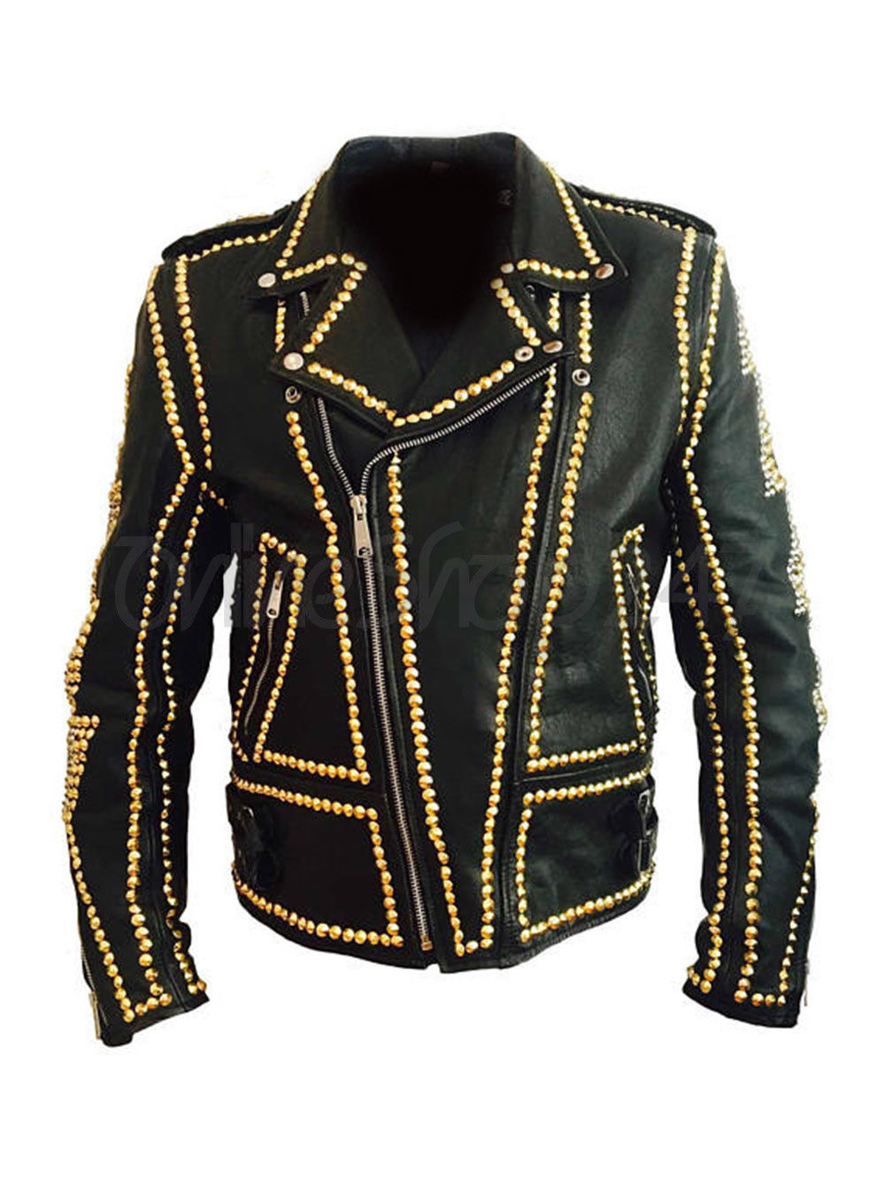 New Mens Punk Rock Black Full Golden Rivets Studded Unique Skull Leather Jacket