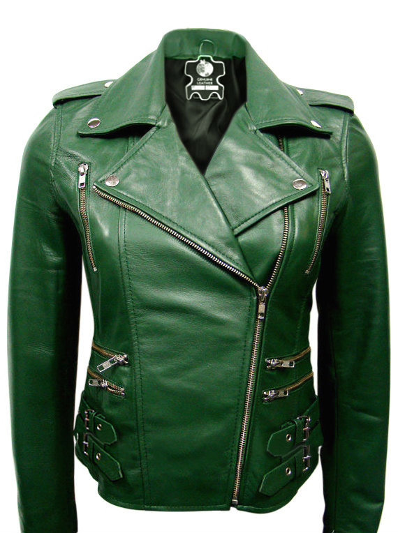 New Women Belted Green Retro Short Leather Jacket Coats & Jackets