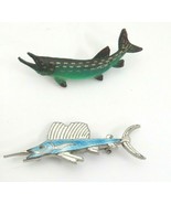 Vintage Fish Pins Brooch Blue Enamel Swordfish Green Plastic Pickerel Lo... - $14.10
