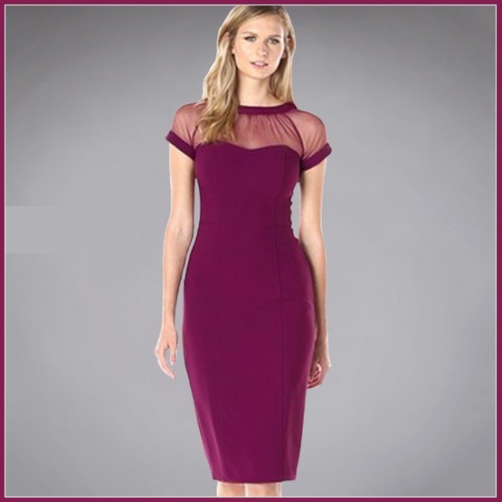 Wine Knee Length Sheath Marilyn Style Dress with Transparent Bodice Top