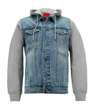 Men's Cotton Denim Trucker Jacket With Jersey Sleeves & Removable Hood - L image 1