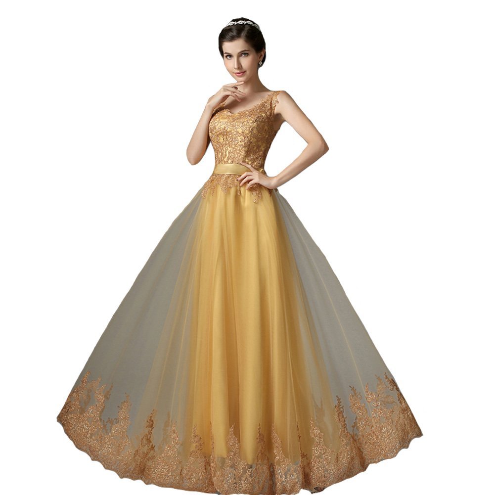 Kivary Tulle Gold A Line Lace Sheer Straps Corset Long Prom Evening Dresses US 1