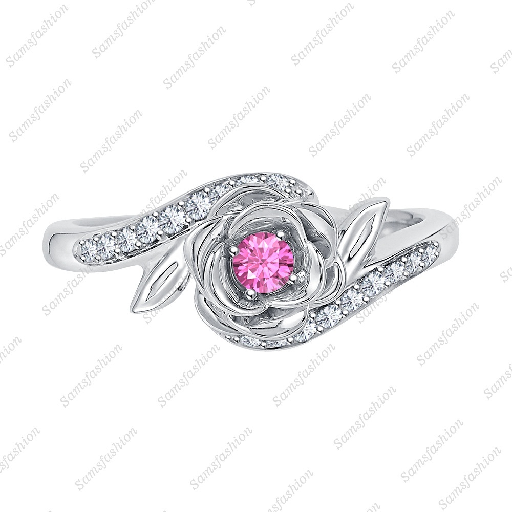 0.25Ct Disney Belles 925 Sterling Silver Pink Sapphire & Dia Flower Fashion Ring