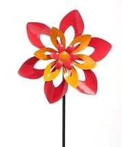 Flower Wind Spinner 36" High Metal Garden Stake Double Pronged Orange Pink 