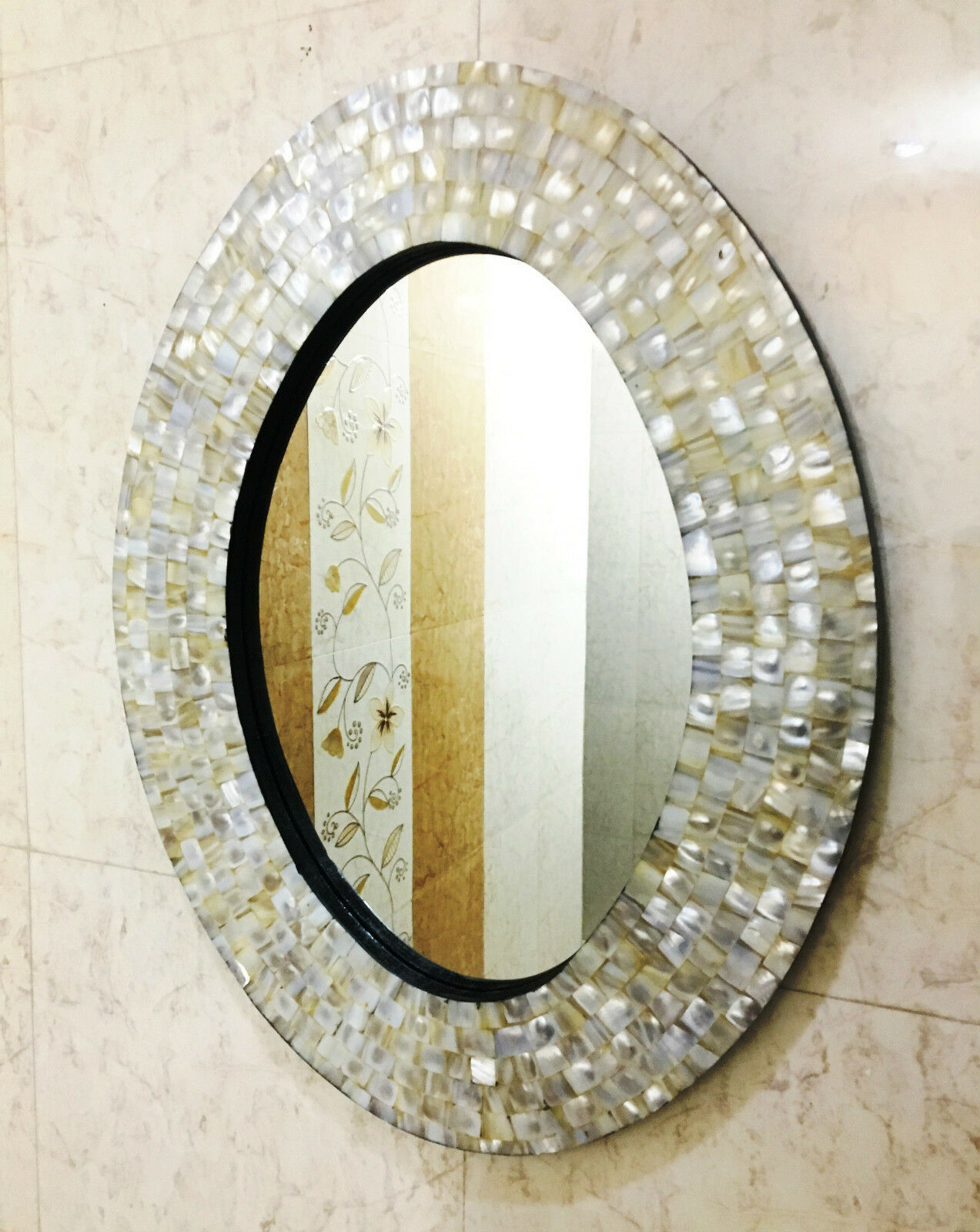 Mother Of Pearl Oval Mirror Frame Handmade Round Wall Hanging Mirror