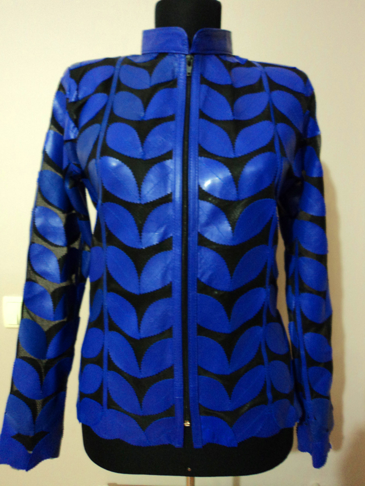 Primary image for Blue Leather Leaf Jacket Women All Colors Sizes Genuine Short Zip Lightweight D1