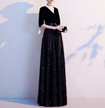 Women Half Sleeve Velvet Maxi Dress High Waist Formal Dress, Black, Plus Size image 11