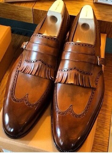 Primary image for Handmade Men's Brown Leather Fringe Loafer Wingtip Single Monk Brogue Shoes
