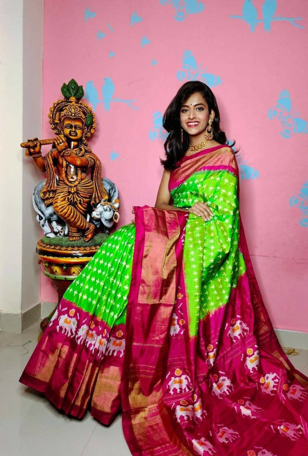 Designer Green Hand Block Print Ikkat Pallu Work Sari SIlk Festival Wear Saree
