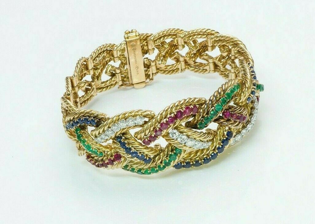 4.5Ct Round Emerald Ruby Sapphire Diamond 18K Yellow Gold Over Bracelet 6.5 wide