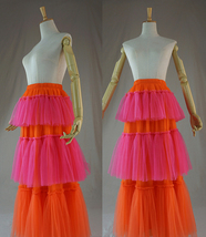 Orange Hot-pink Tiered Party Tulle Skirt Layered Mesh Tulle Maxi Skirt Plus Size image 5