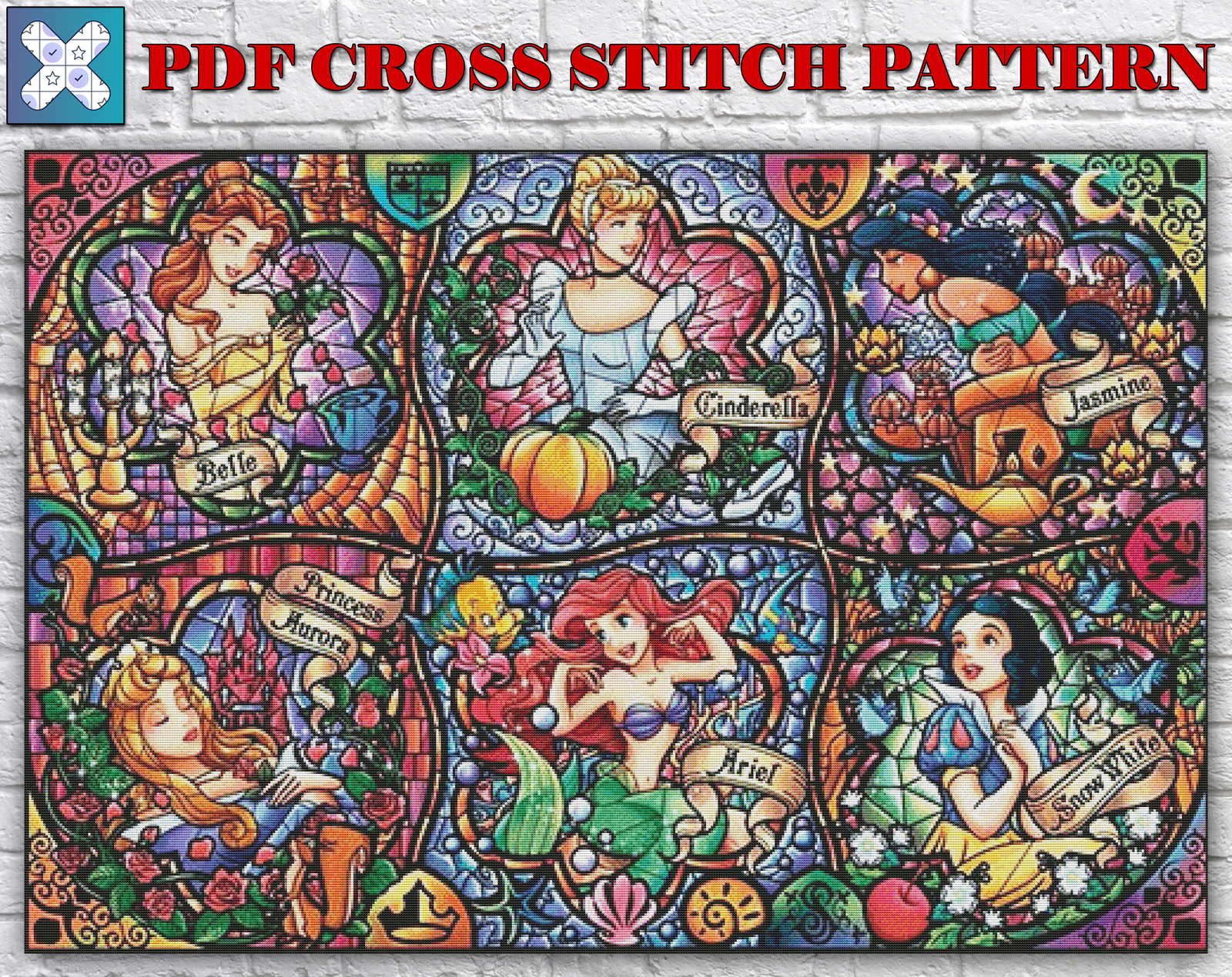 Disney Princess Stained Glass Counted PDF Cross Stitch Pattern Needlework DIY for sale  USA