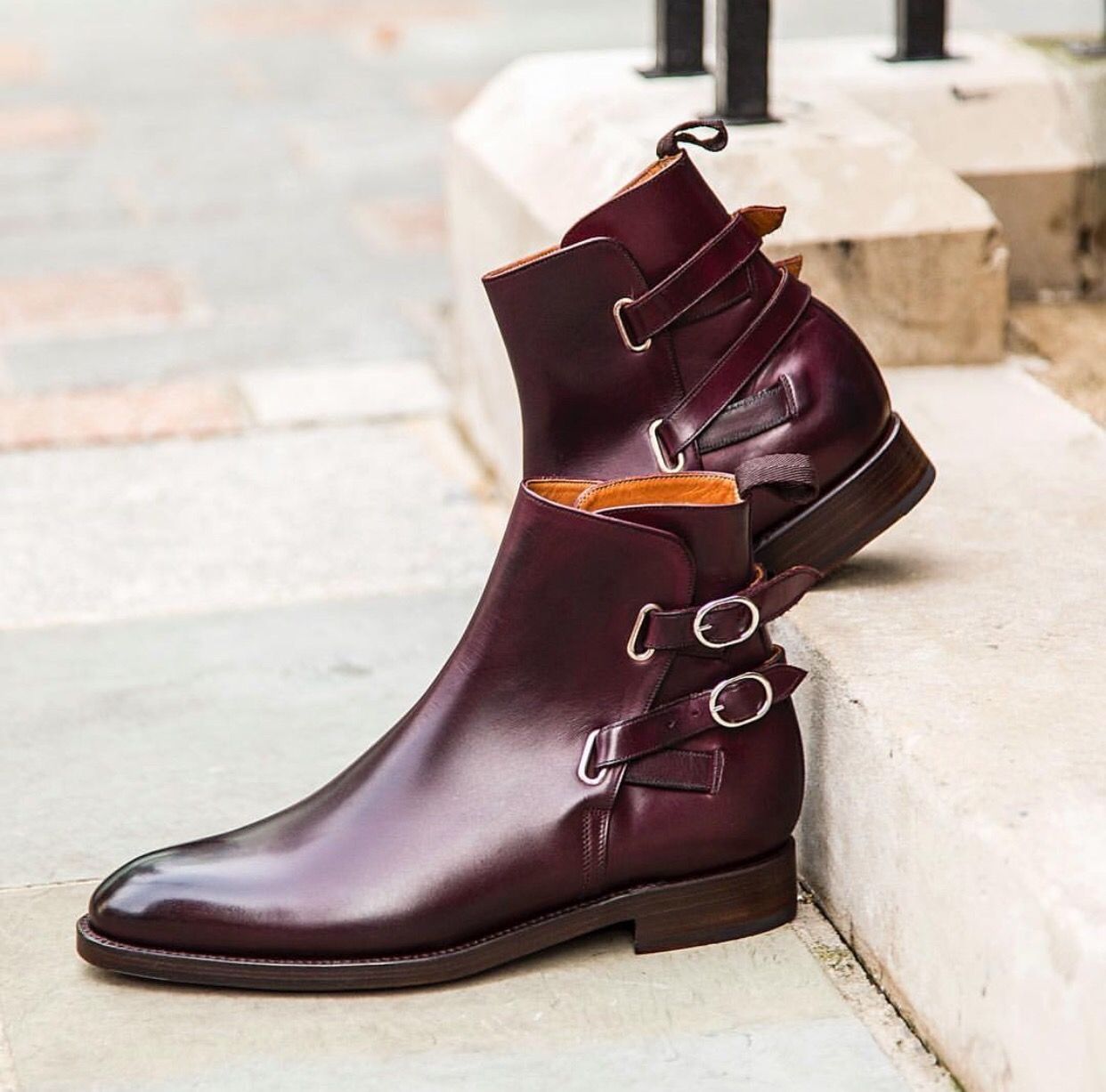 High Ankle Boot Burgundy Color Double Buckle Closer Men Leather Shoe