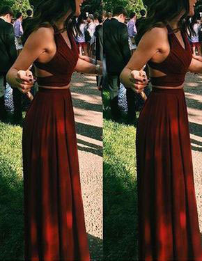 Sexy Two Piece Burgundy Long Prom Dresses