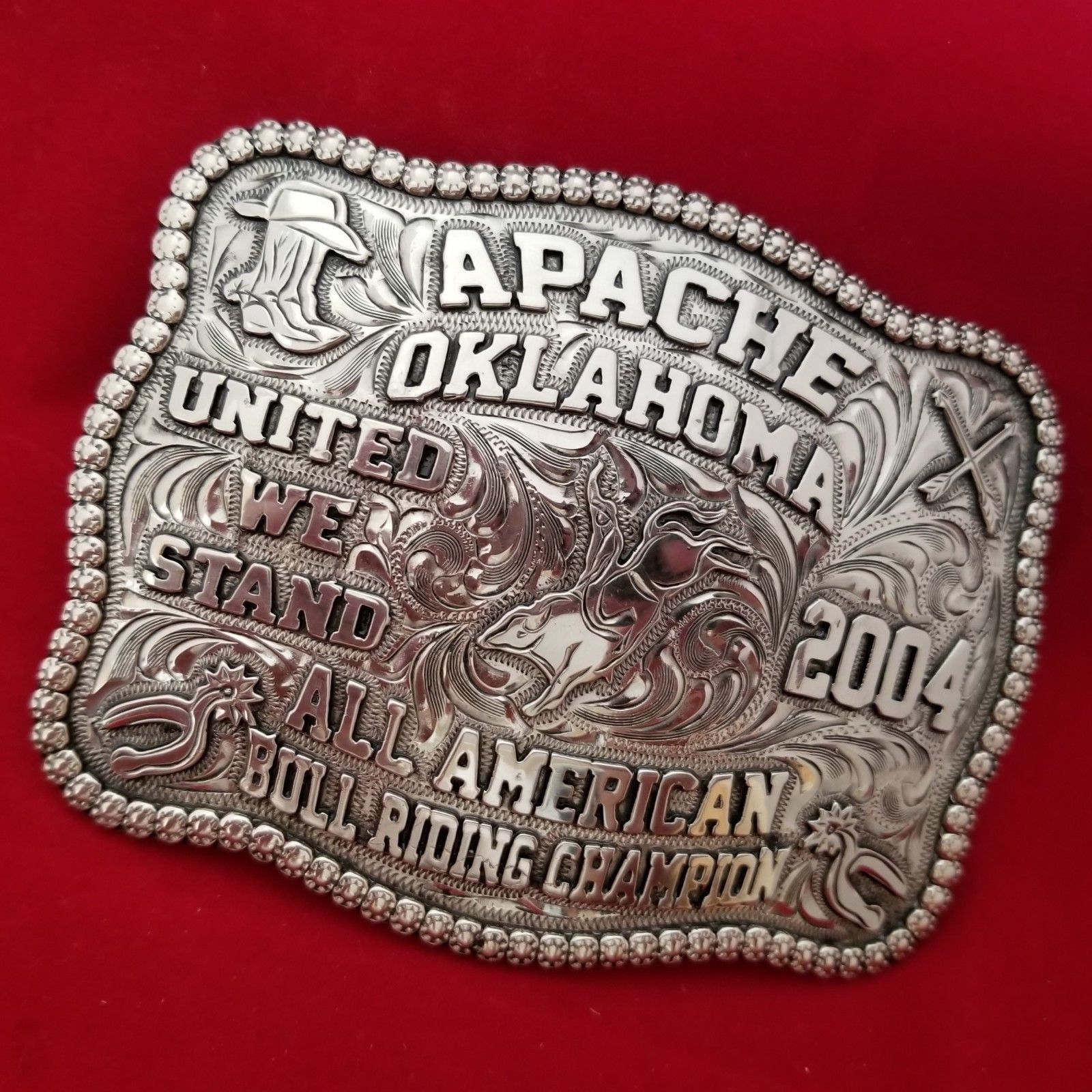 VINTAGE RODEO BUCKLE 2004 APACHE OKLAHOMA BULL RIDING Hand Engraved