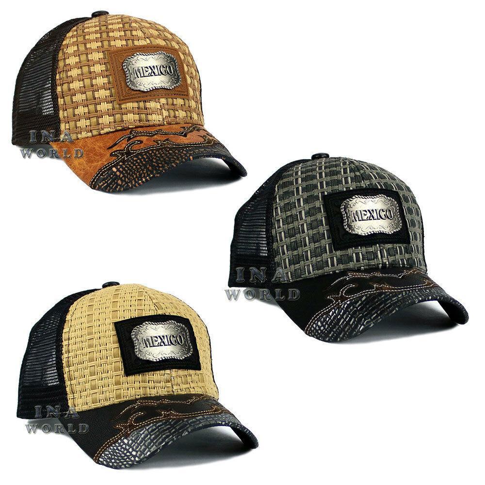 MEXICO Hat Straw Woven Mesh Western Style Metal Patched Snapback