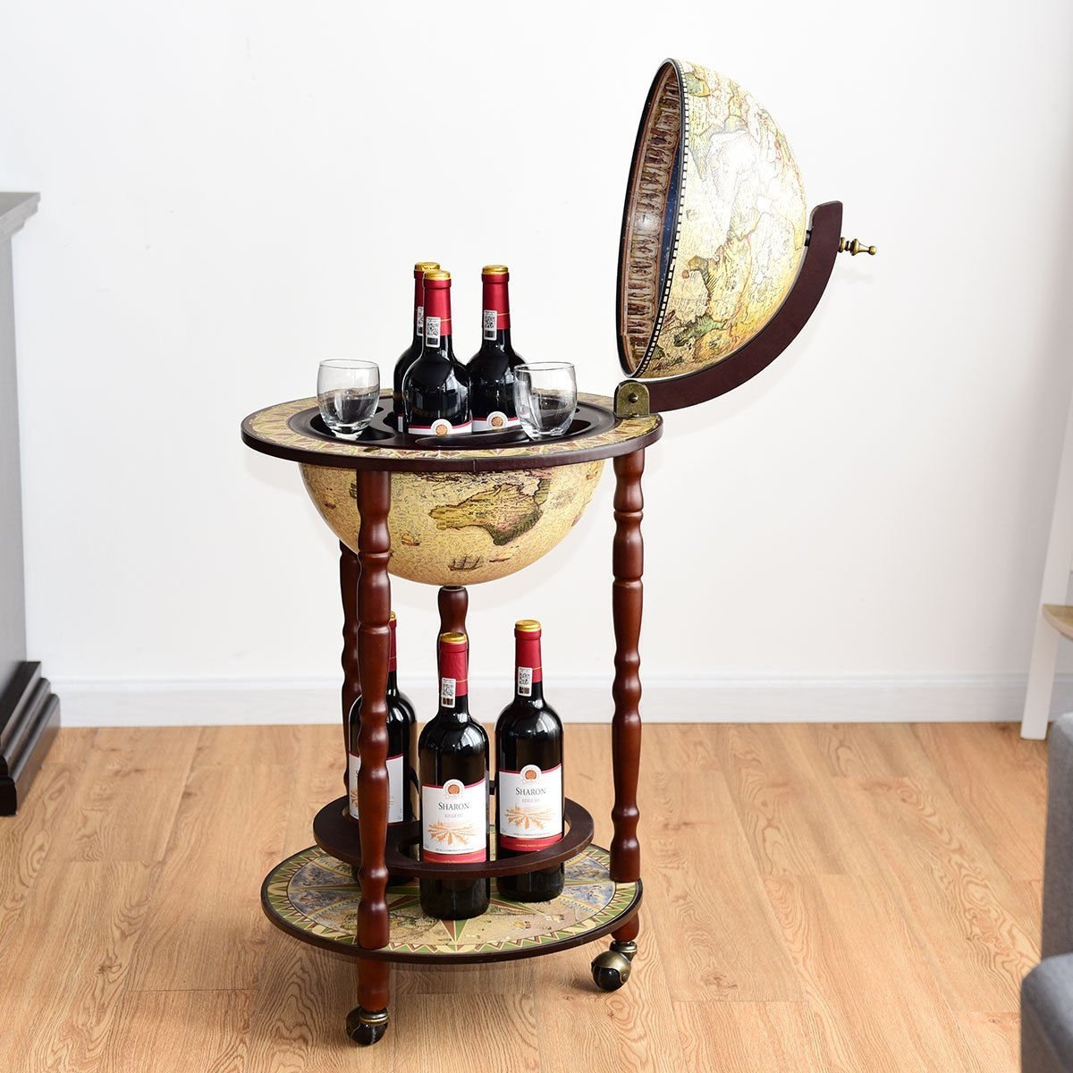 17" Italian Style Wooden Globe Liquor Bottle Wine Rack Wine Racks
