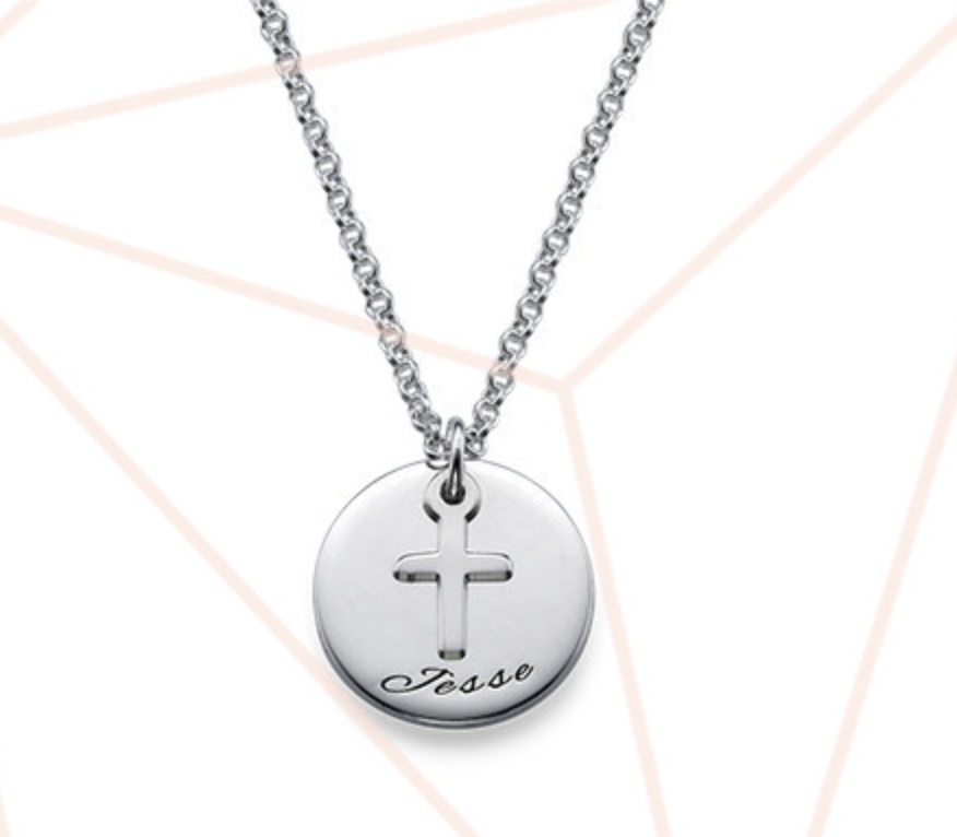 STERLING SILVER CROSS CIRCLE NECKLACE WITH PERSONALIZED ENGRAVING
