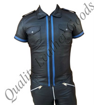 100% Genuine Leather Military Police Uniform Shirt Front Zip Contrast New Bluf - $109.64+