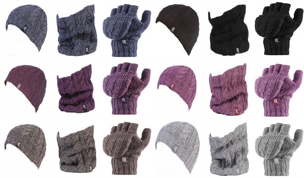 Heat Holders - Womens Knitted Thermal Hat, Fingerless Gloves & Neck Warmer Set