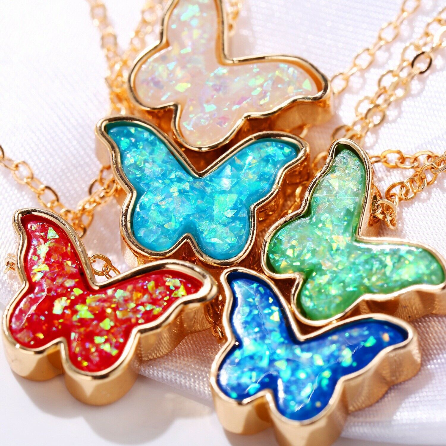 925 Stamp Hollow Butterfly Blue Fire Opal SP Silver Necklace Pendant Chain 22