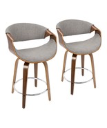 Curvini Counter Stool in Walnut Wood and Light Grey Fabric Set of 2 - $460.00