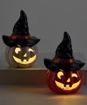 Halloween Pumpkin Statue Set of 2 LED Ceramic 7.65" High Witches Lights Up image 2