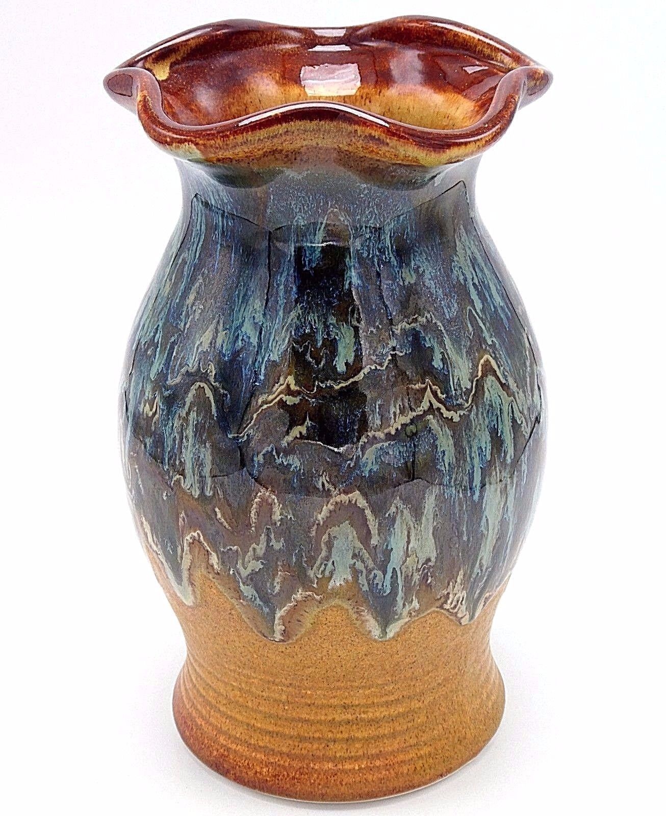 Studio Art Pottery Vase 10" Green Drip Glaze on Light Brown Fluted Rim