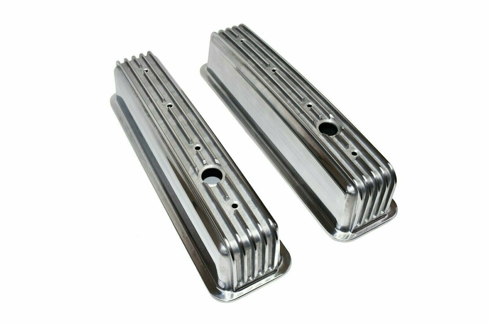 SB Chevy SBC Polished Finned Center Bolt Aluminum Valve Cover Kit 87Up